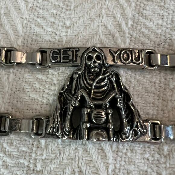 Biker Belt in Black Leather w/Silver Metal Links of Skeleton on Motorcycle main image 7